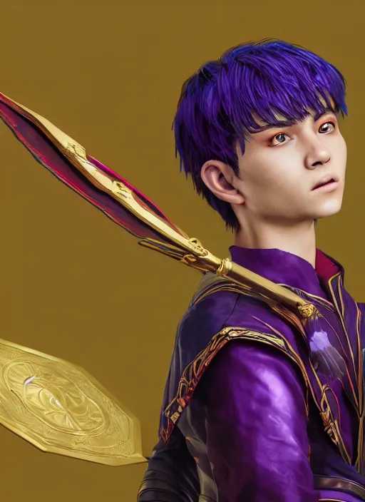 Image similar to An epic fantasy comic book style portrait painting of teenager boy with straight indigo hair, purple eyes with red eye markers, slim body, wearing a detailed Japanese kimono with golden armor details, holding a fan. Unreal 5, DAZ, hyperrealistic, octane render, cosplay, RPG portrait, dynamic lighting