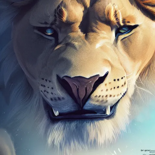 Prompt: A close up of a lion, fierce, proportional, powerful, digital painting, artstation, close up, details, sharp focus, illustration, makoto shinkai and beeple