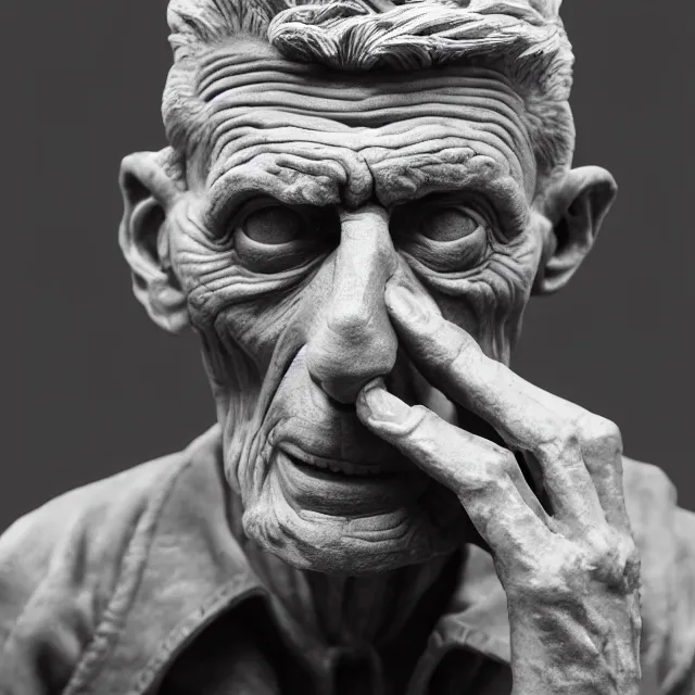 Prompt: photography of a sculpture of Samuel Beckett made of clay by Sebastian Kruger and Michelangelo, 50mm, studio atmosphere, 8K, rim light, octane render, ultra-realistic