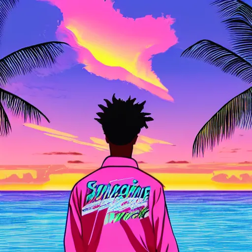 Image similar to insanely detailed vapor wave 2 1 savage miami sunset anime