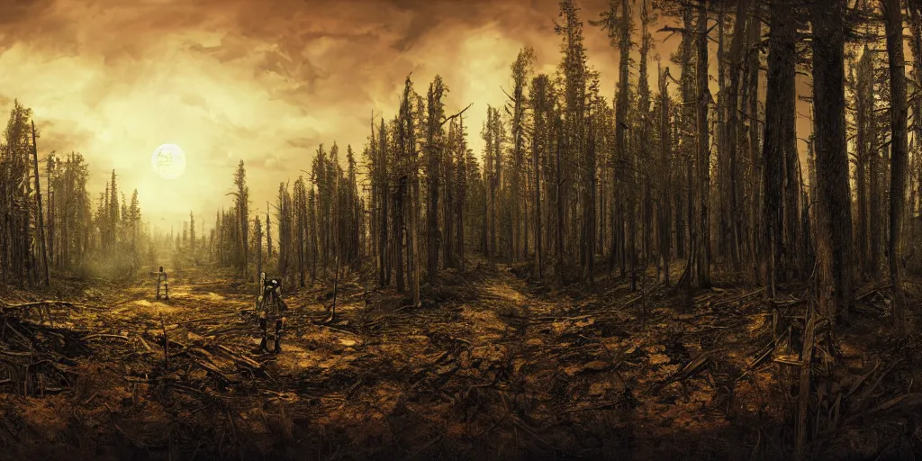 Prompt: panoramic photo of robot wandering alone through a post apocalyptic forest, matte painting, cinematic, lonley, dark, sunset, 4 k, concept art