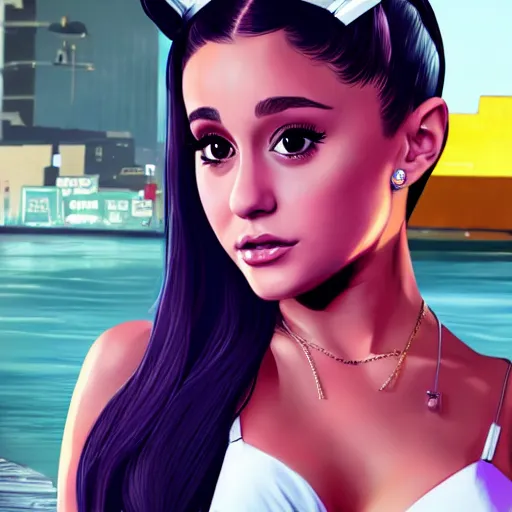 Prompt: Ariana Grande in GTA V, cover art by Stephen Bliss, artstation