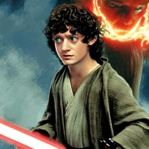 Image similar to frodo in star wars holding a light saber in tolkien style