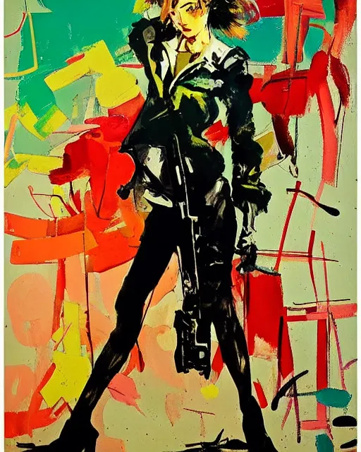 Image similar to Fashion model girl by Ashley Wood, Yoji Shinkawa, Jamie Hewlett, 60's French movie poster, French Impressionism, vivid colors, palette knife and brush strokes, Dutch tilt