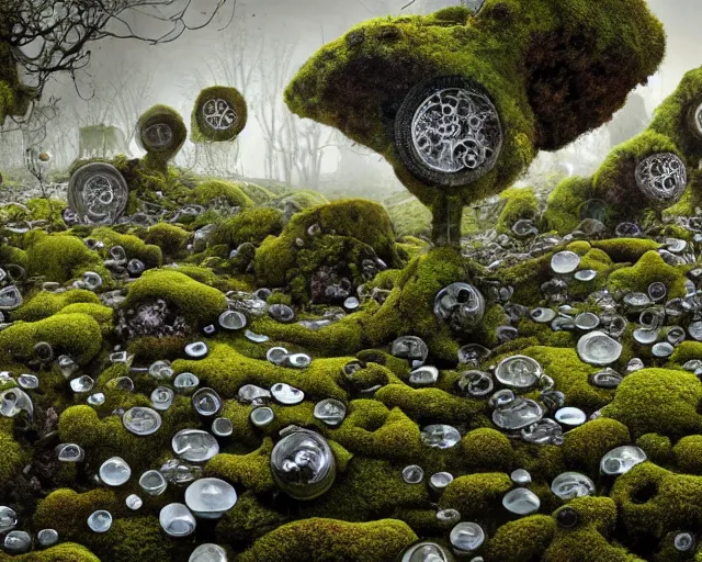 Image similar to panoramic view, superintelligent ecological matrix of moss and lichen dotted biomechanical trees growing on junkyard heaps of electronics and automobiles among puddles of glistening oil, artists bev doolittle and philippe caza, high contrast cinematic light, mystical shadows, sharp focus, octane render, three dimensional autostereogram optical illusion, repeating patterns, symmetrical seamless tile