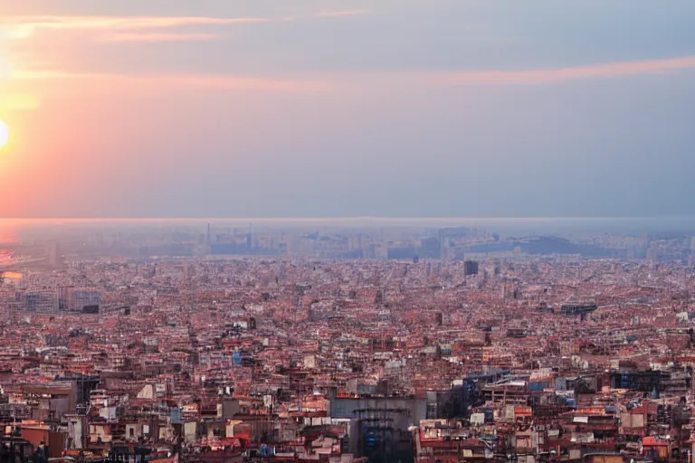 Image similar to views of catastrophic barcelona covered with water and refugees in buildings, global warming, sunset lighting, photo real