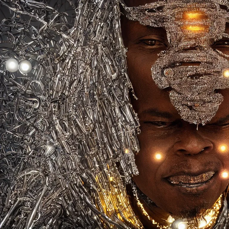 Image similar to hypperrealism octane render portrait by wayne barlow and carlo crivelli and glenn fabry, an afrrican mandinka dancer wearing an elaborate costume made of long strips of aluminum foil and hand - carved mask with intricate painted details surrounded by neon light tubes, cinema 4 d, ray traced lighting, very short depth of field, bokeh