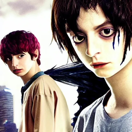 Prompt: a screenshot of finn wolfhard in death note ( 2 0 0 6 ), anime, vhs quality