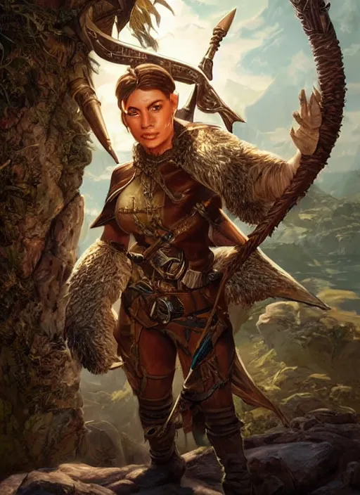 Image similar to archer hunter, ultra detailed fantasy, dndbeyond, realistic, dnd character portrait, full body, pathfinder, pinterest, art by ralph horsley, dnd, rpg, lotr game design fanart by concept art, behance hd, artstation, deviantart, global illumination radiating a glowing aura global illumination ray tracing hdr render in unreal engine 5