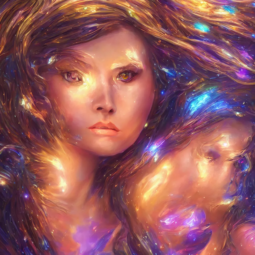 Image similar to highly detailed close up portrait of a celestial girl with a body made of cosmic energy, character art, studio lightning, bright colors, intricate, masterpiece, photorealistic, hiperrealistic, sharp focus, high contrast, Artstation HQ, DeviantArt trending, 4k UHD, Unreal Engine 5