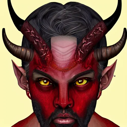 Image similar to dnd style portrait of a tiefling, male, red scales, red skin, a big black beard, completely golden eyes, 2 black ram horns growing out of his forehead,