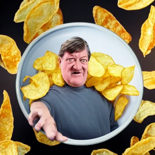 Image similar to photo of [ a single salted fried potato chip ] that looks like stephen fry as a pixar character hybrid intercross mix cinematic lighting