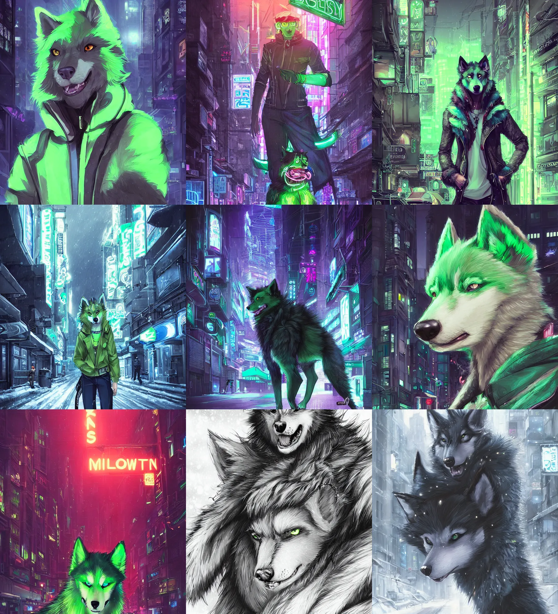 Prompt: beautiful furry art portrait commission of a male furry green husky fursona wearing stylish cyberpunk clothes in the streets of a cyberpunk city at night in the snow. neon signs. character design by charlie bowater, ross tran, artgerm, and makoto shinkai, detailed, inked, western comic book art