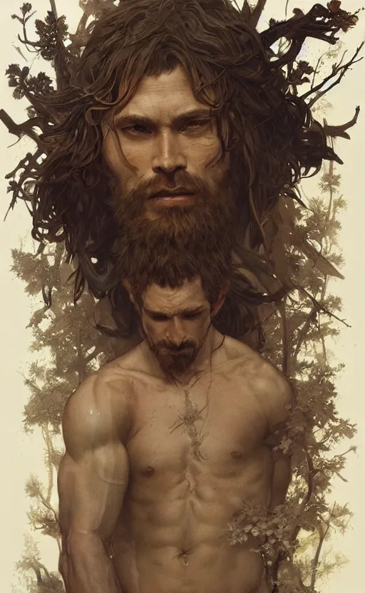 Prompt: god of the forest, rugged, handsome, male, detailed face, clean lines, atmospheric lighting, amazing, full body, thighs, flowers, muscular, intricate, highly detailed, digital painting, deviantart, concept art, sharp focus, illustration, art by greg rutkowski and alphonse mucha