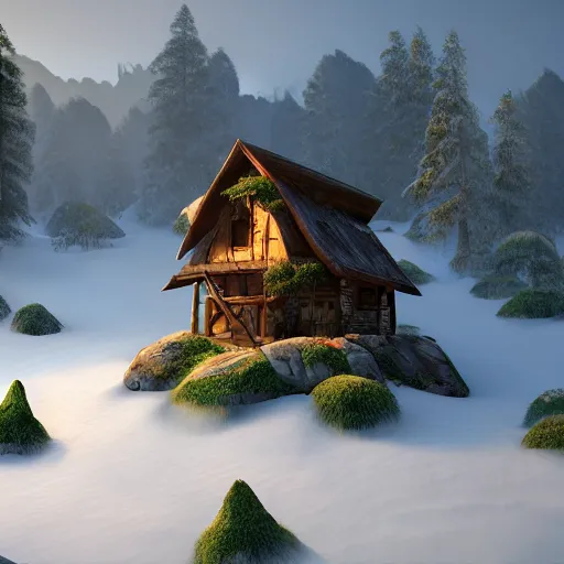 Prompt: dynamic portrayal of a hut on the hillside , epic, fantasy art, 4k, unreal engine, volumetric lighting