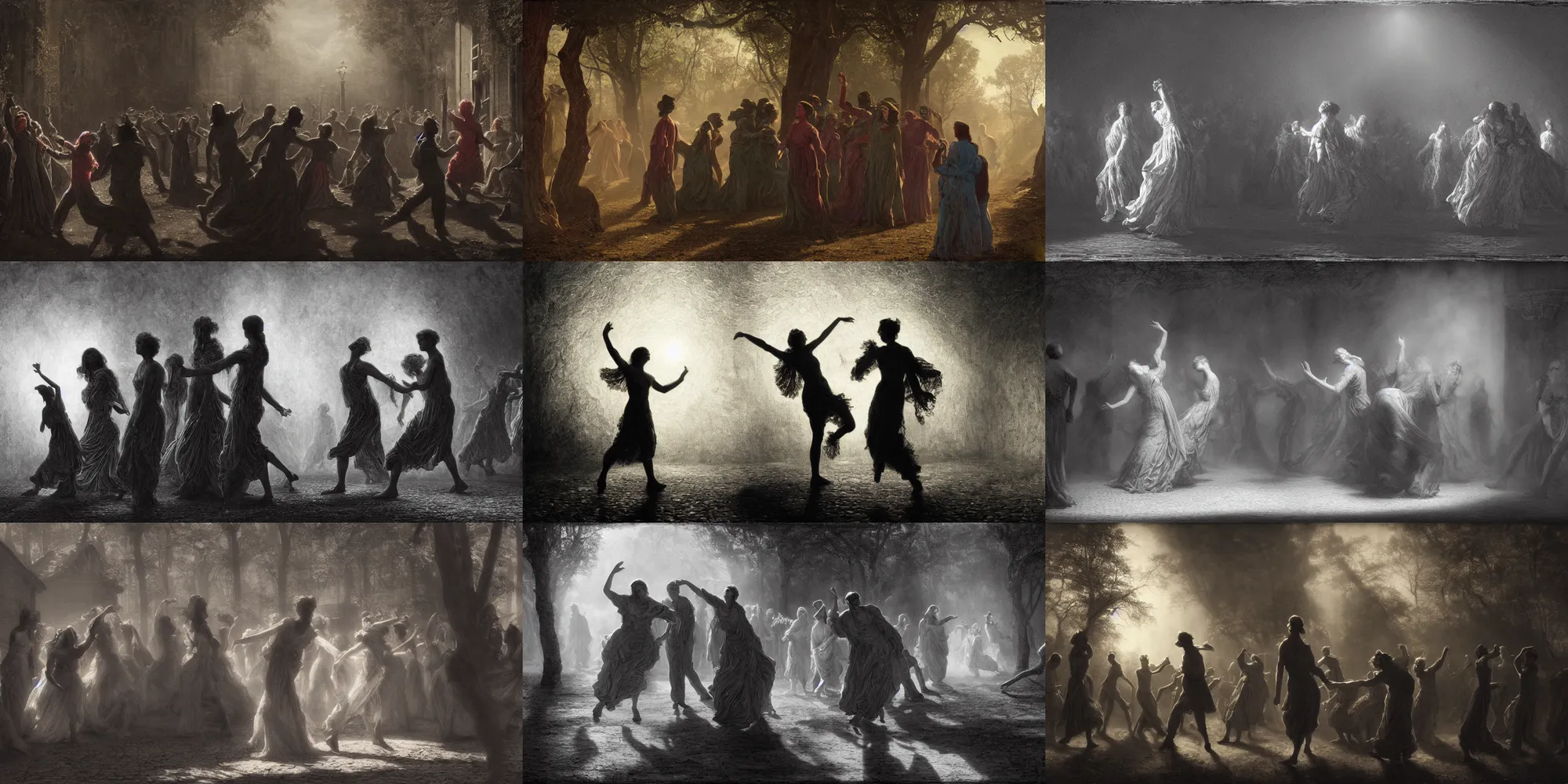 Prompt: shadow people dancing by gustave dore. back glass painting, carnation, encaustic painting, b - roll, establishing shot, dappled light, crime scene photography, 8 k, vray, unreal engine, blender cycles, colorful