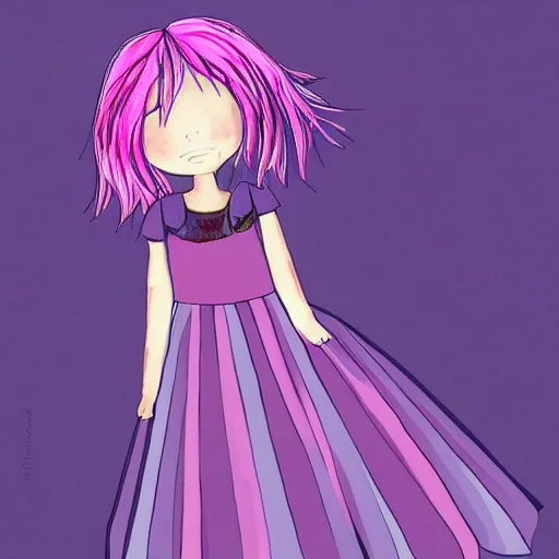 Image similar to little girl with eccentric pink hair wearing a dress mada of purple feather, art by dcwj