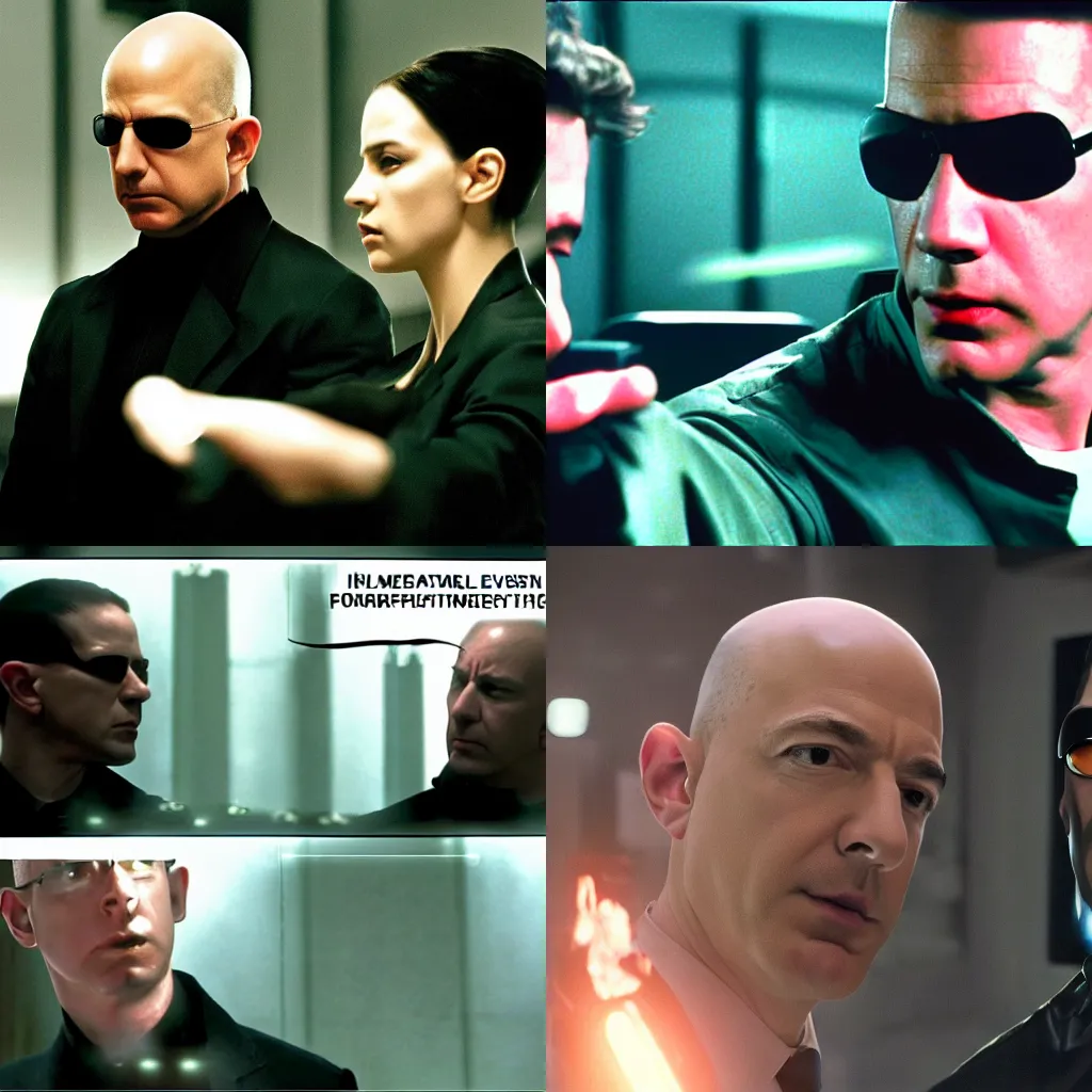 Prompt: Agent Bezos interrogating Neo in The Matrix, cinematic, high-quality, 8K