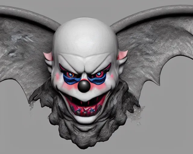 Image similar to 3d sculpt of an ironwork evil clown face with huge bat wings, skull, artstation, digital illustration, league of legends, dark souls