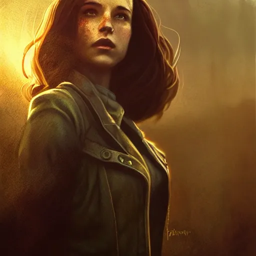 Image similar to fallout 5, charismatic brunette female protagonist, portrait, atmospheric lighting, painted, intricate, volumetric lighting, beautiful, daytime, sunny weather, slight overcast, sharp focus, deep colours, ultra detailed, by leesha hannigan, ross tran, thierry doizon, kai carpenter, ignacio fernandez rios