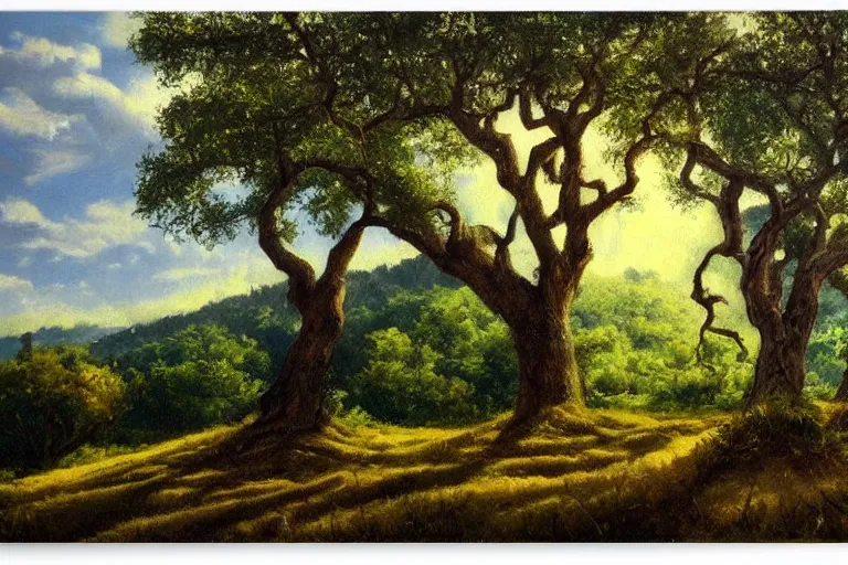 Image similar to masterpiece painting of oak trees on a hillside overlooking a creek, dramatic lighting, by marc davis