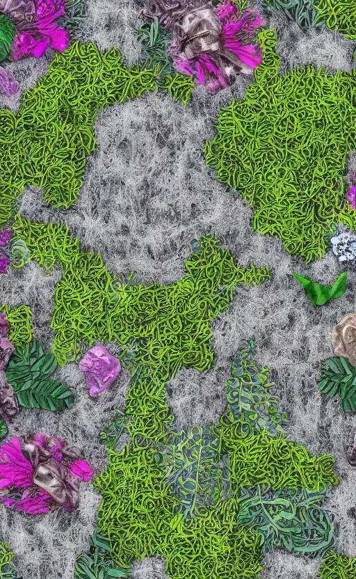 Prompt: view of the inside of a trash bag decorated with moss and flowers patches and with glowing elements, drawn with chalk, abstract, unorthodox, 4k, desktop wallpaper, raytracing