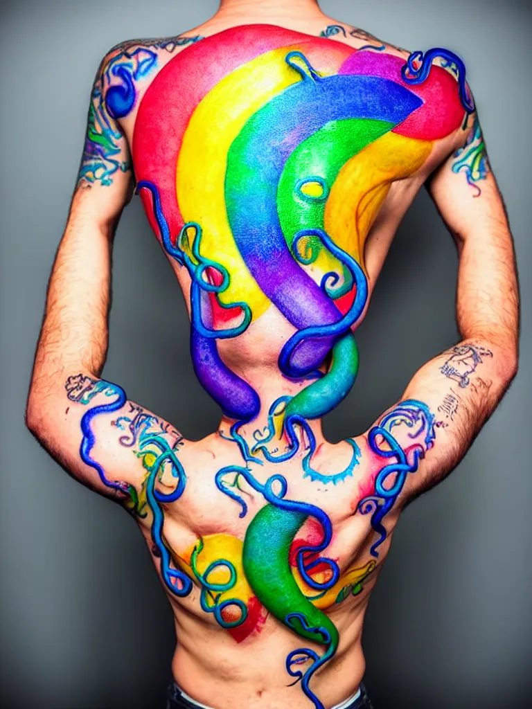 Prompt: a perfect portrait of a man standing, proudly displaying his four dimensional hyperbolic rainbow tattoos that extrude, protude and extend outwards and around his body like grasping prehensile tendrils tentacles and snakes, perfect studio lighting.