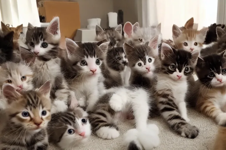 Image similar to a living room full of cute kittens that are all sitting positioned directly at the camera and all of the kittens are looking directly into the camera