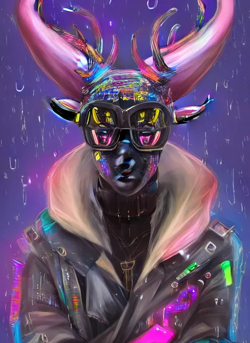 Image similar to award winning beautiful portrait commission of a male furry anthro Black Reindeer cyberpunk fursona with a tail, wings, wings, wings and a cute beautiful attractive detailed furry face wearing a crown, stylish black and rainbow galaxy clothes, outline, in a cyberpunk city at night while it rains. Character design by charlie bowater, ross tran, artgerm, and makoto shinkai, detailed, inked, western comic book art