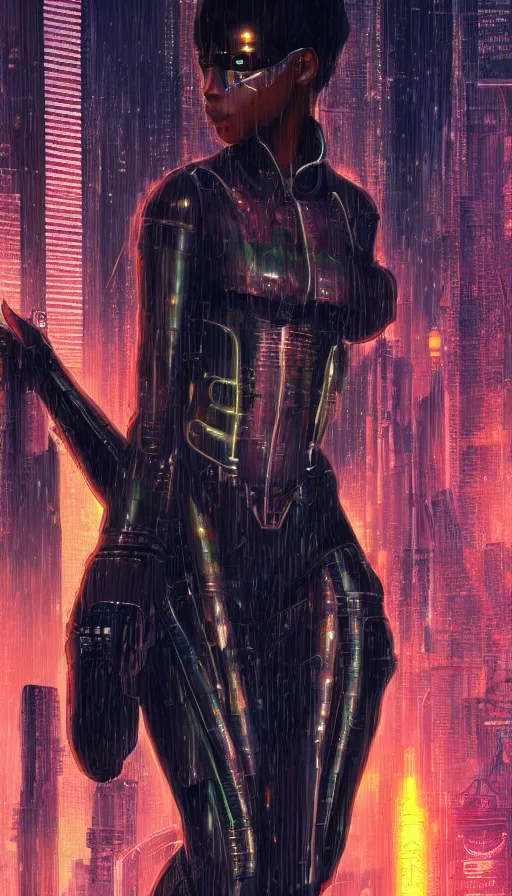 Image similar to a beautiful young Black woman, cyberpunk, Blade Runner city background, highly detailed, 8K, artstation, illustration, art by Gustav Klimt