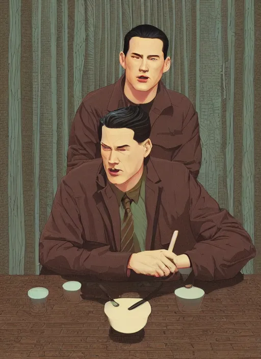 Image similar to Twin Peaks poster artwork by Michael Whelan, Bob Larkin and Tomer Hanuka, of portrait of Channing Tatum the local pastry chef, from scene from Twin Peaks, simple illustration, domestic, nostalgic, from scene from Twin Peaks, clean, cover of New Yorker magazine