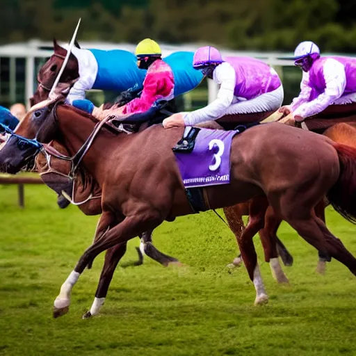 Image similar to A horse race but with unicorns, sports photography