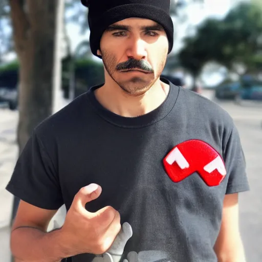 Image similar to super mario miserable wearing a black beanie