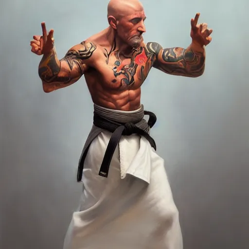 Prompt: A detailed matte oil on canvas painting of a white male martial artist monk, orchid arm tattoos by greg rutkowski and artgerm, trending on artstationhd, dungeons and dragons art