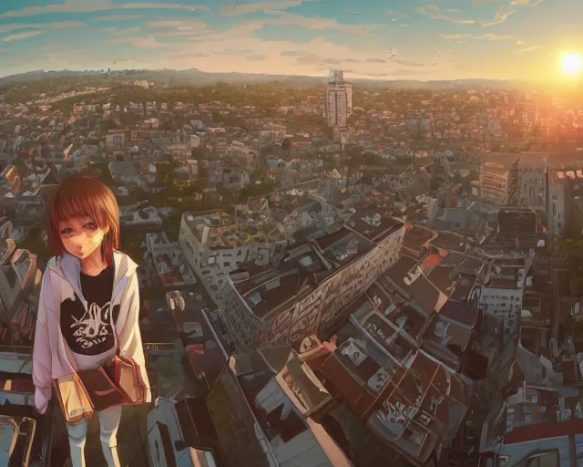 Image similar to teen standing on the roof of a building, sunset, bird eye view, fisheye view, illustration, by pine ( ハイネ ) and 薯 子 imoko and 香 川 悠 作 and wlop and maya takamura, highly detailed, trending artstation, pixiv, digital art