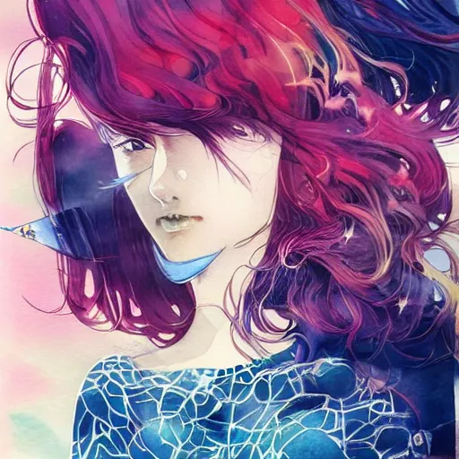 Image similar to our desperation, selfishness, and our effort to save the world and ourselves in the face of all this modernity stand before us like a lyrical blow of wind, award winning watercolor pen digital illustration, by caroline choi artgerm, art by range murata