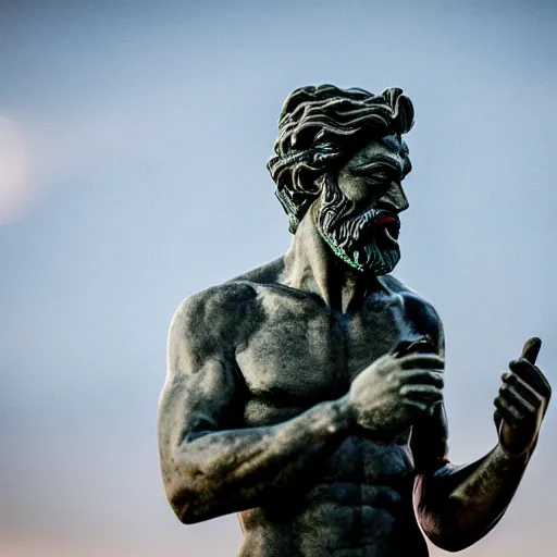 Prompt: statue of frustrated Poseidon very annoyed and complaining with wild gestures to the camera, ready to fight, bokeh, Sigma 85mm, f/1.4