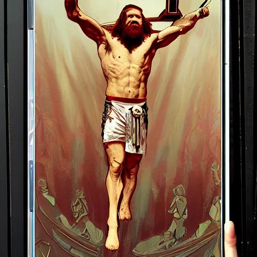 Image similar to hulking conor mcgregor crucified on the cross, masterpiece, intricate, elegant, highly detailed, digital painting, artstation, concept art, smooth, sharp focus, illustration, art by artgerm and greg rutkowski and alphonse mucha and uang guangjian and gil elvgren and sachin teng, symmetry!!