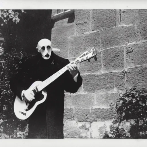 Image similar to vintage photograph of count orlok outside his castle, playing the blues on guitar, castle in the background, 4 k