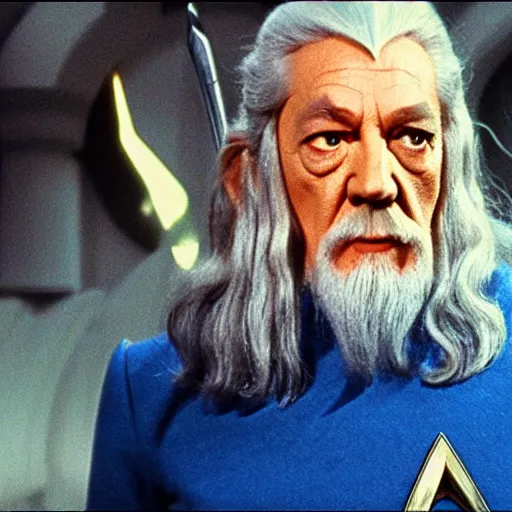 Image similar to A still of Gandalf as Captain Kirk on Star Trek, sharp focus, high quality, 4k