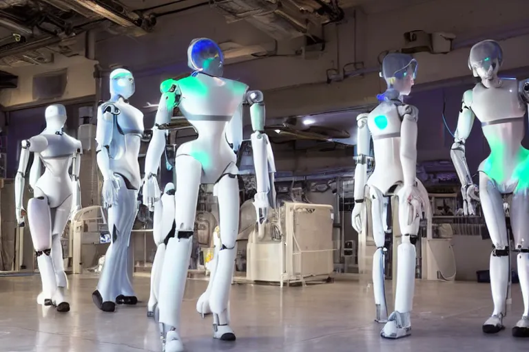 Image similar to The awakening of humanoid robots with scientists standing around them, neon.
