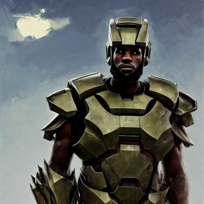 Prompt: LeBron James wearing Forerunner armor from Halo, countryside, calm, fantasy character portrait, dynamic pose, above view, sunny day, thunder clouds in the sky, artwork by Jeremy Lipkin and Giuseppe Dangelico Pino and Michael Garmash and Rob Rey and Greg Manchess and Huang Guangjian, very coherent asymmetrical artwork, sharp edges, perfect face, simple form, 100mm