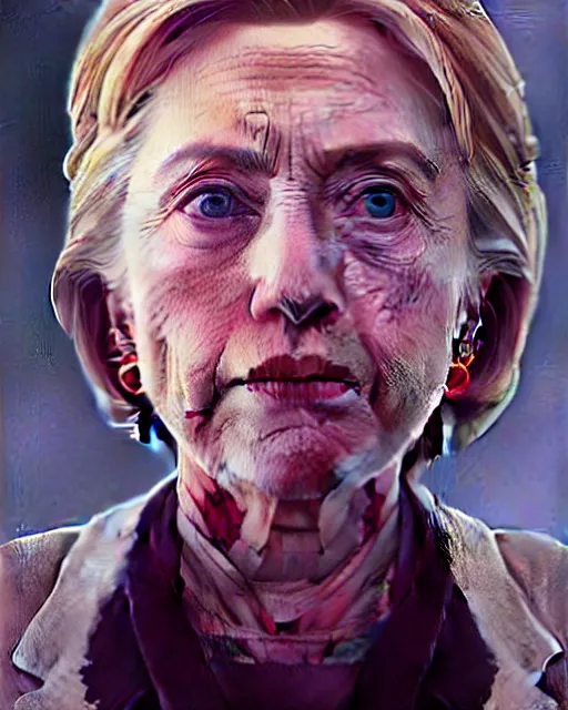 Prompt: highly detailed vfx portrait of a beaten up hillary clinton, stephen bliss, unreal engine, greg rutkowski, loish, rhads, beeple, makoto shinkai and lois van baarle, ilya kuvshinov, rossdraws, tom bagshaw, alphonse mucha, global illumination, detailed and intricate environment