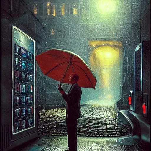 Prompt: a man in a rainy alleyway placing a coin in a vending machine that opens an alien portal into another dimension, vivid caustics into another universe, realistic photography, beautiful interior, hyperrealism, incredible, award - winning photography, by greg rutkowski, lovecraftian
