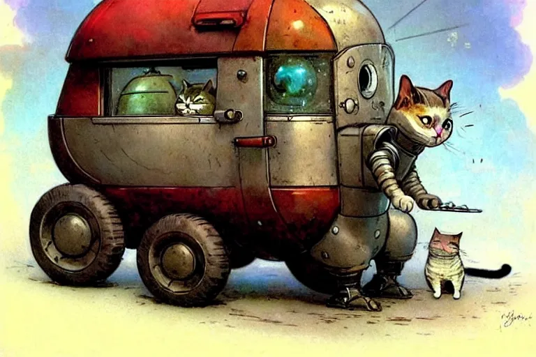 Image similar to adventurer ( ( ( ( ( 1 9 5 0 s retro future robot android fat rat wagon. versus evil cat. muted colors. ) ) ) ) ) by jean baptiste monge!!!!!!!!!!!!!!!!!!!!!!!!! chrome red