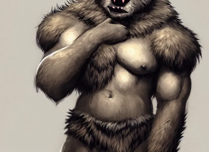 Image similar to burly tough character feature portrait of the anthro male anthropomorphic wolf fursona animal person wearing tribal primitive caveman loincloth outfit full wolf fur body standing in the entrance to the cave, head center framed character design stylized by charlie bowater, ross tran, artgerm, makoto shinkai, detailed, soft lighting, rendered in octane