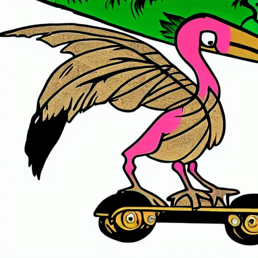 Prompt: a dodo wearing a gold chain around its neck, on a hovering skateboard without wheels, at a skate park near the beach, 1990s cartoon