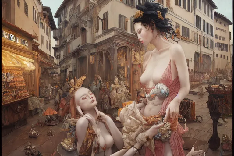 Image similar to seductive hoyeon jung shopping at ancient renaissance florence street vendors, rule of thirds, serene, face anatomy, by wlop, peter mohrbacher, james jean, jakub rebelka, visually stunning, beautiful, masterpiece
