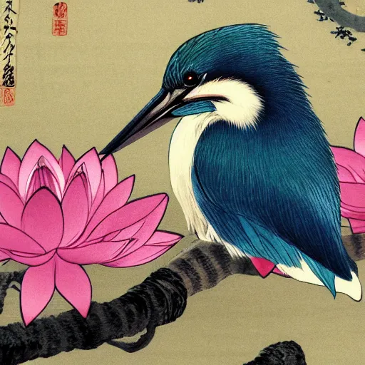 Prompt: The Kingfisher and the lotus flower , by Ohara Koson, Itō Jakuchū,Qian Xuan,Ren Xun and Maruyama Ōkyo, trending on artstation , hyper detail, 4k hd wallpaper