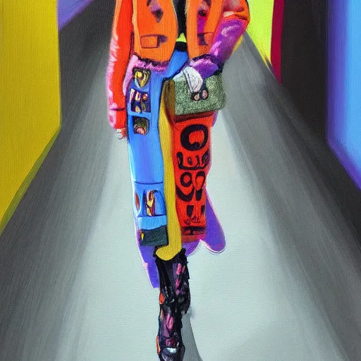 Image similar to 2090s fashion, gucci catwalk, oil painting, digital art, ultradetailed, artstation